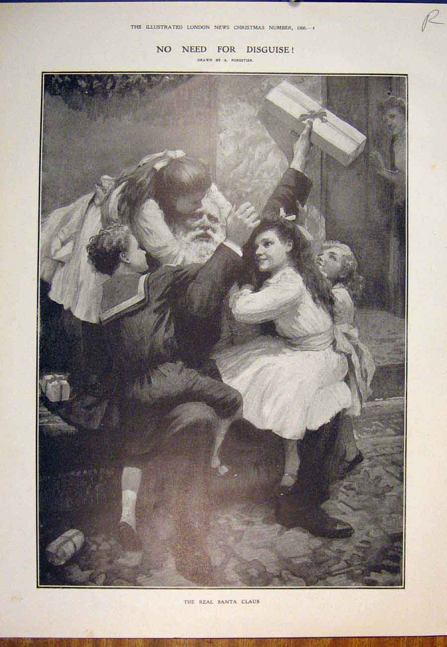 Original Old Antique Print Forestier Santa Claus Tringham Frost Winter Fine Art
