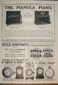 Original Old Antique Print Pianola Piano Advert Robinson'S Cocoa Smith Watches