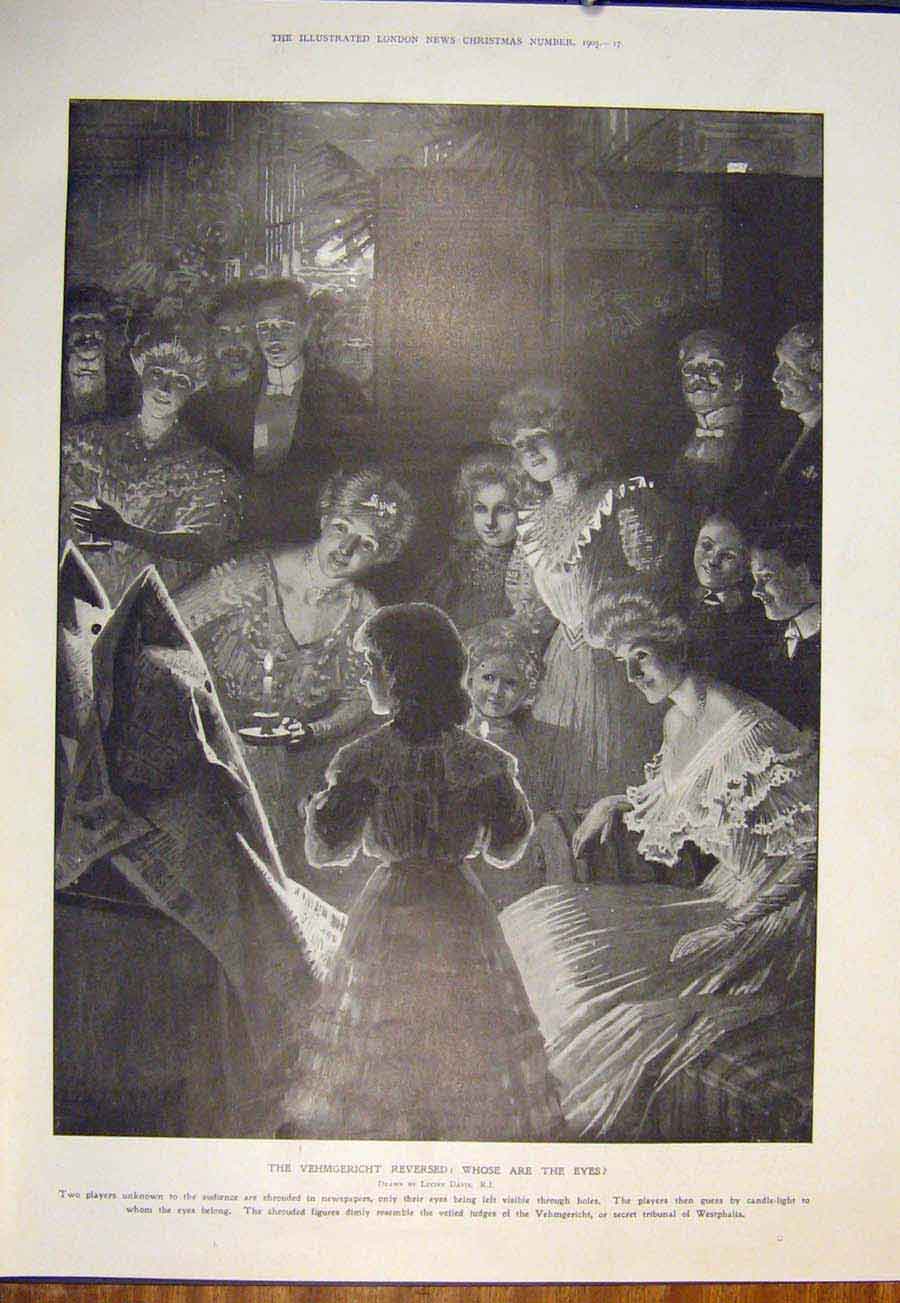 Original Old Antique Print Vehmgericht Davis Eyes Westphalia Game Party 1905