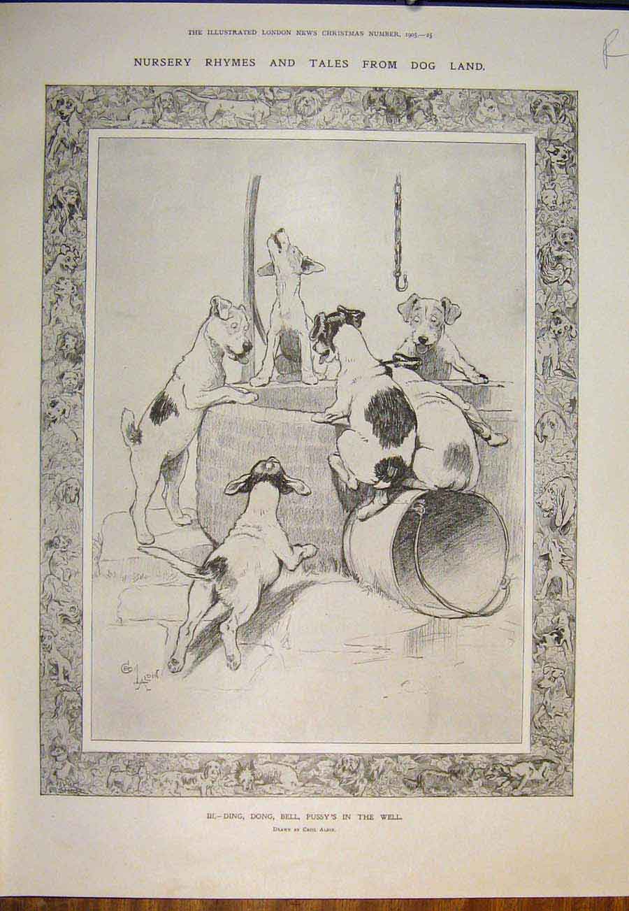 Old Antique Print Nursery Rhymes Dogs Mouse Well Aldin Dog Fine Art 1905 20th