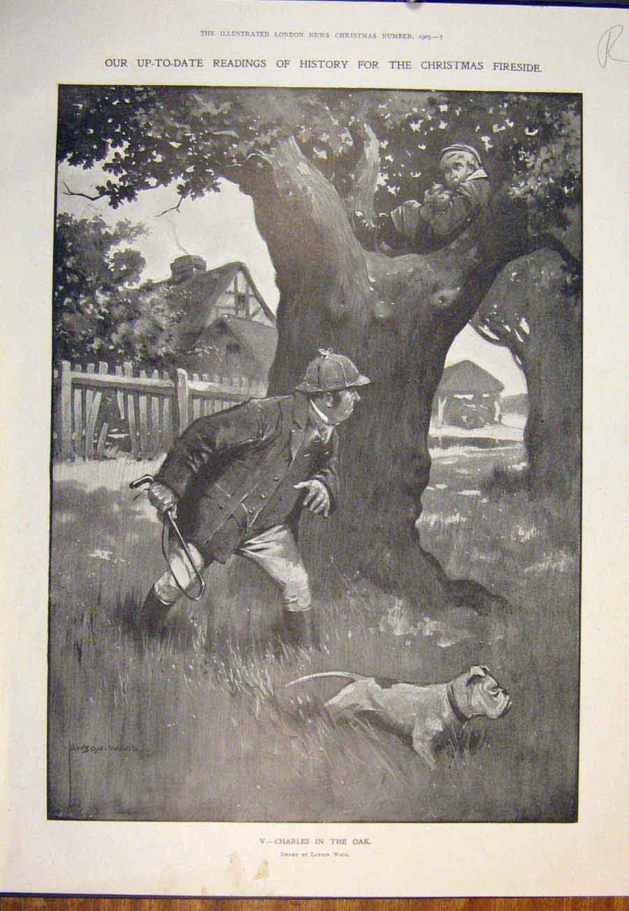 Old Antique Print History Christmas Fireside Wood Taxi Cab Dog Child Tree