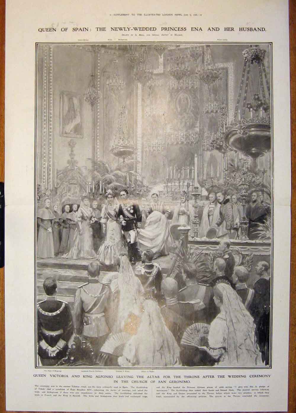 Original Old Antique Print Wedding Queen Spain Ena San Geronimo Church 1906