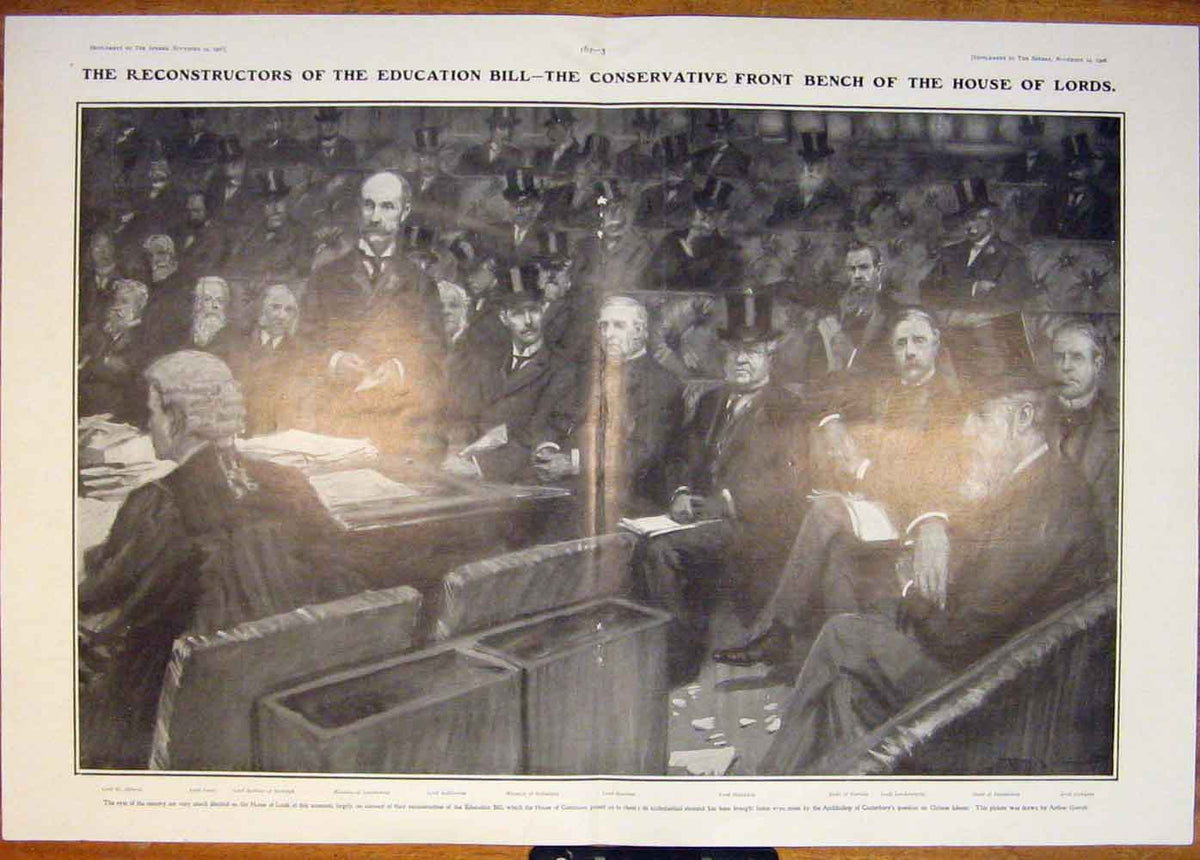Original Old Antique Print Education Bill Conservative Bench House Lords 1906