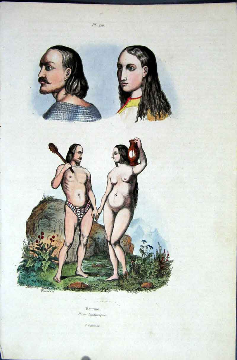 Original Old Antique Print 1839 H/C Natural History *216 Man & Woman Victorian