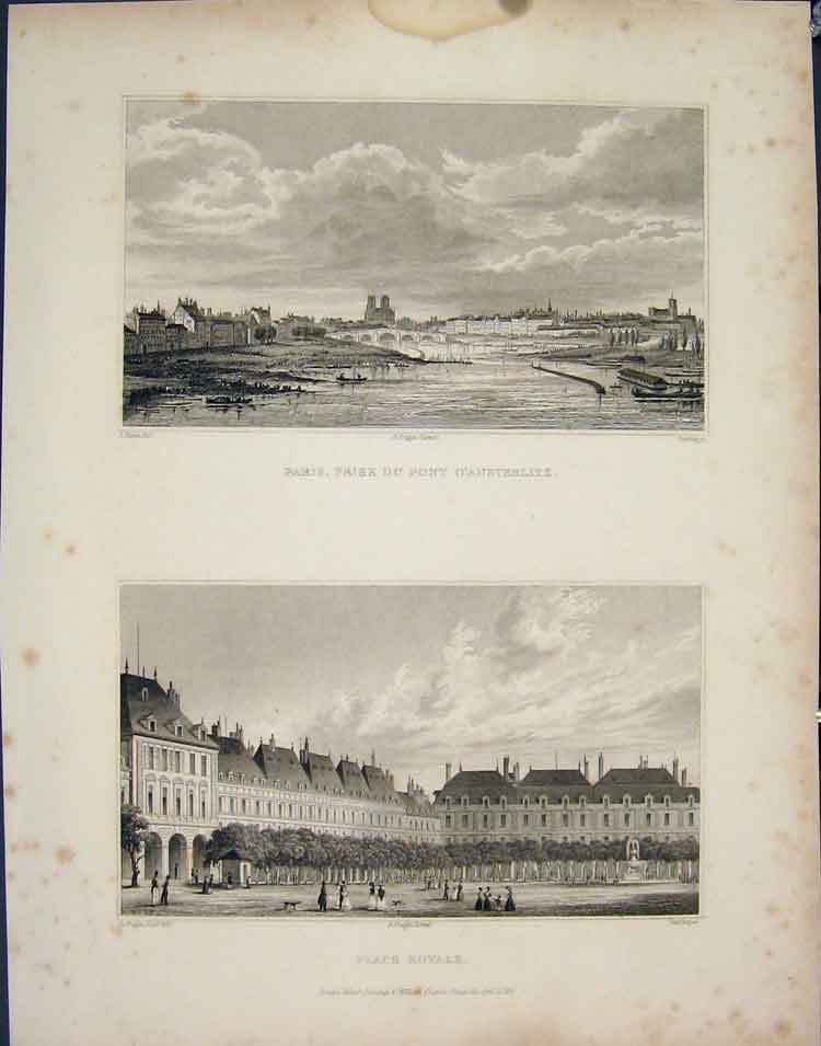 Original Old Antique Print Paris Prise Du Pint D'Austerlitz Place Royale France
