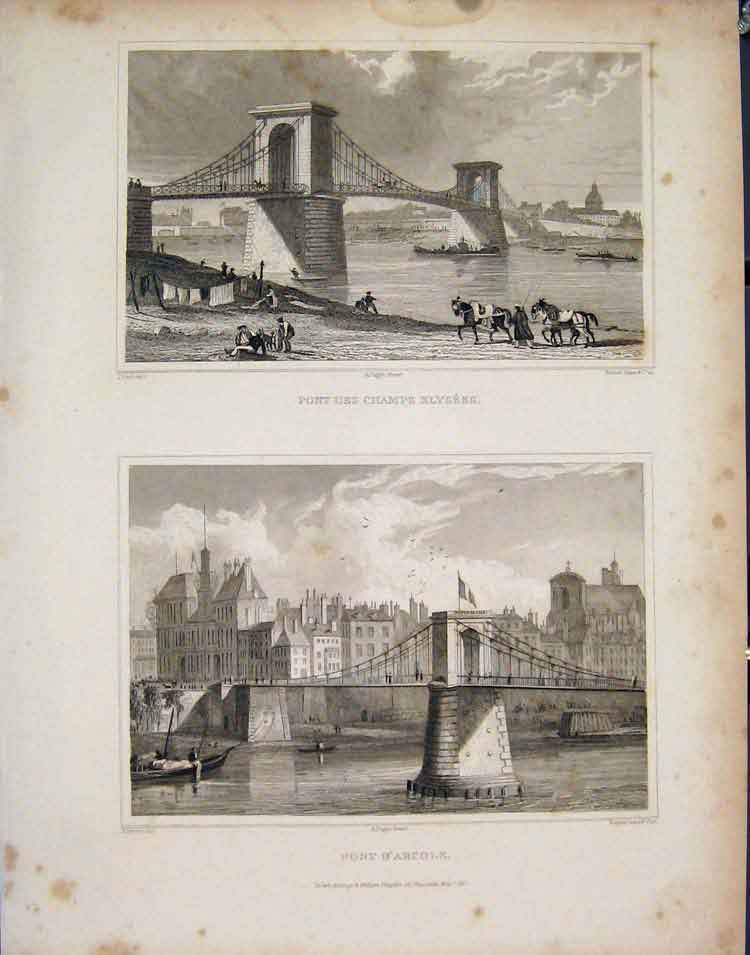 Original Old Antique Print Camps Elysees D'Arcole France Fine Art C1852 19th