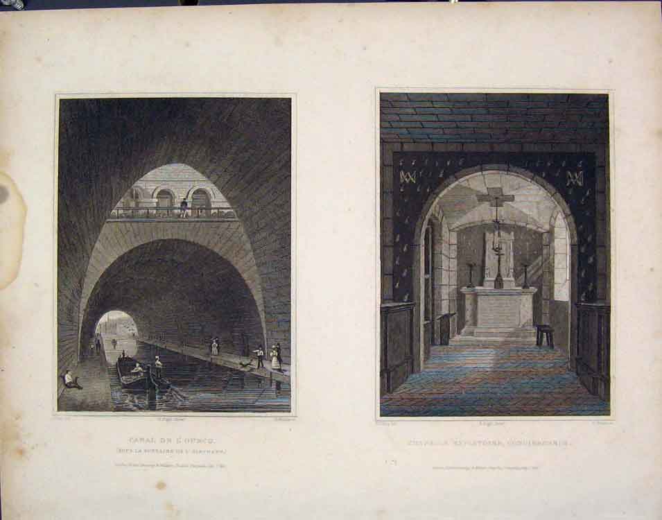 Original Old Antique Print Canal Ourcq Chapelle Expiatoire Conciergerie France