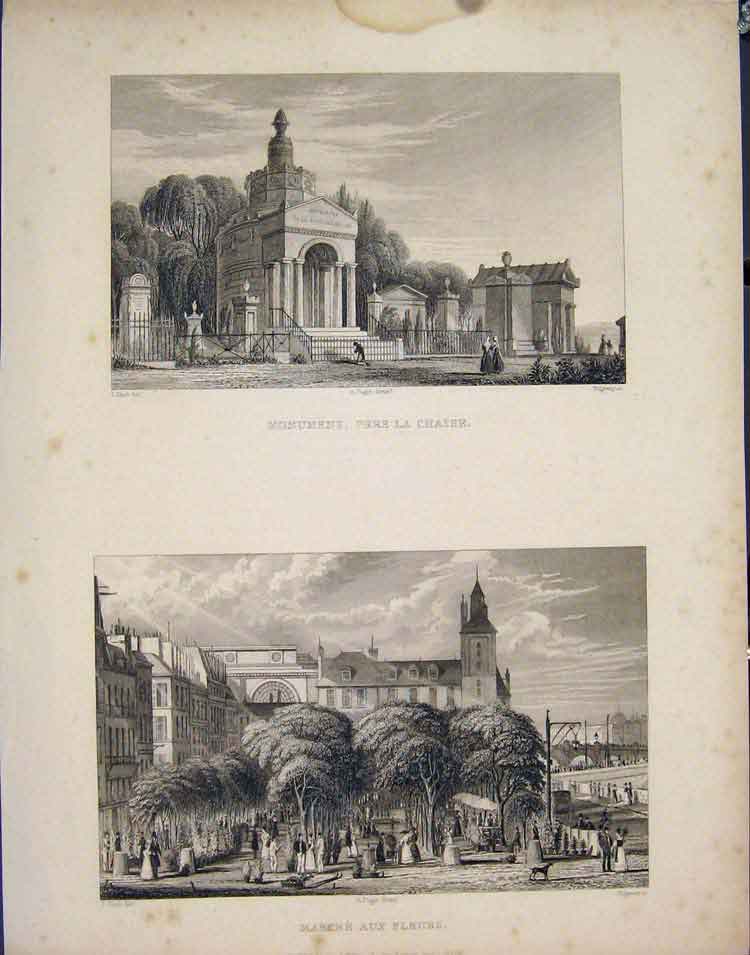 Original Old Antique Print Monumens Pere La Chaise Marche Fleurs C1852 Victorian