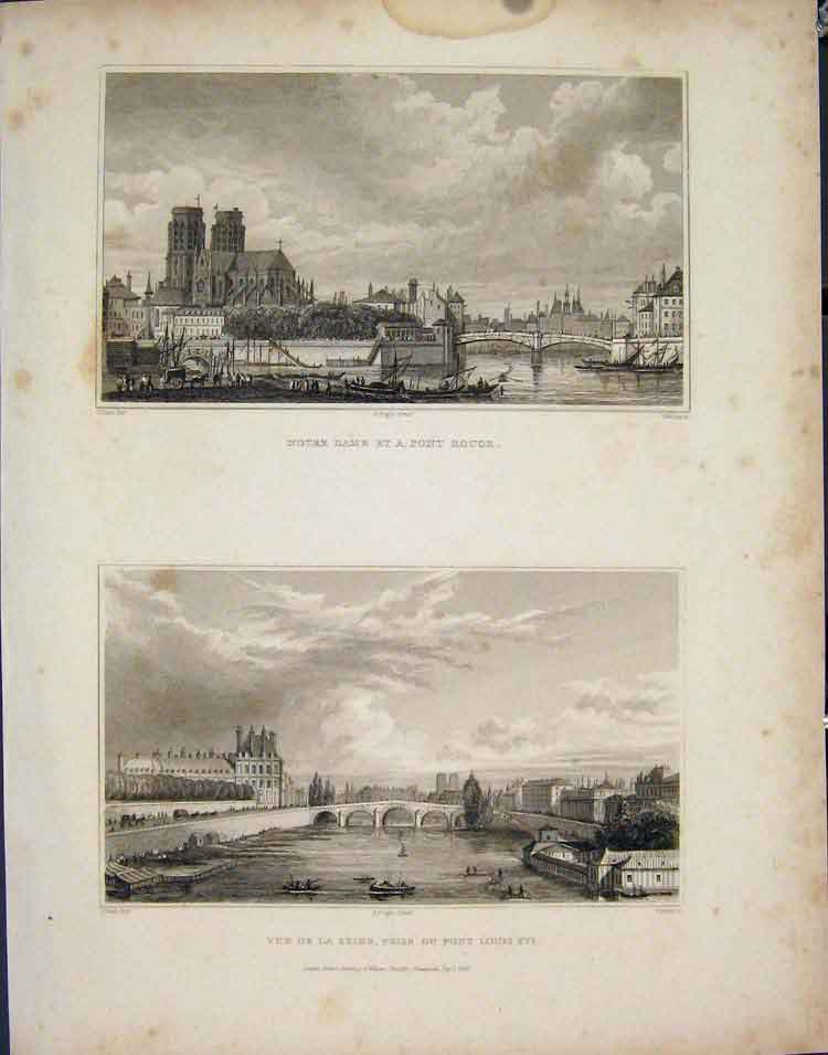 Original Old Antique Print Notre Dame Pint Rouge Seine Louis France Art