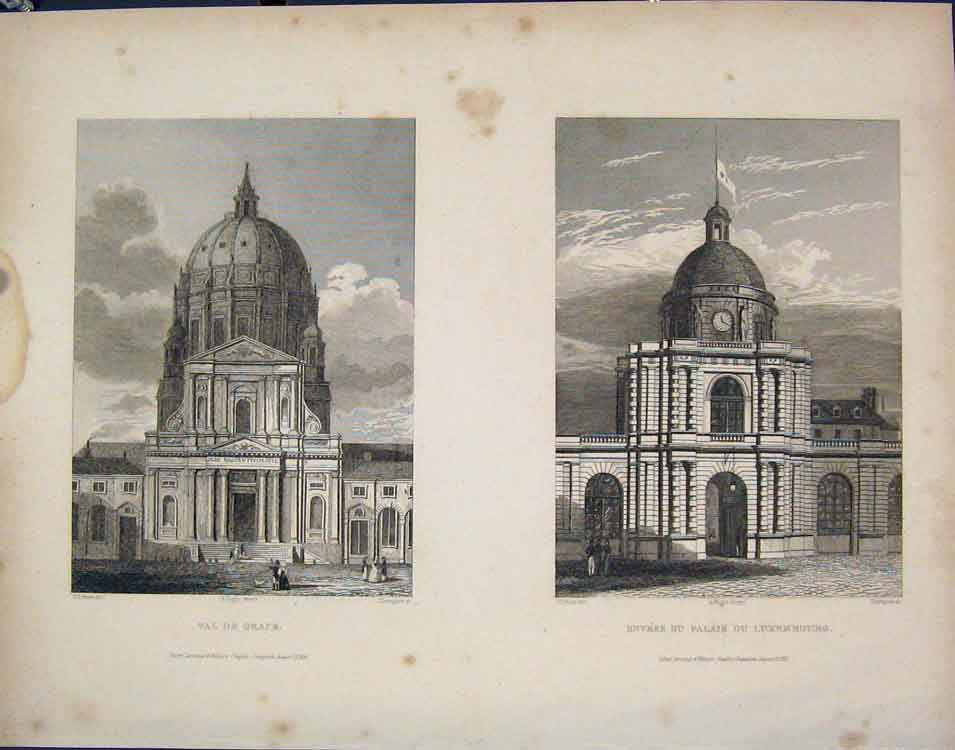 Original Old Antique Print Val De Grace Palais Lucembourge France