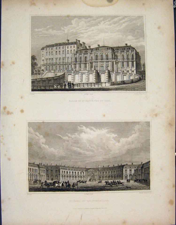 Old Antique Print Palais St Cloud Midi Ecuries Roi Versailles France Art