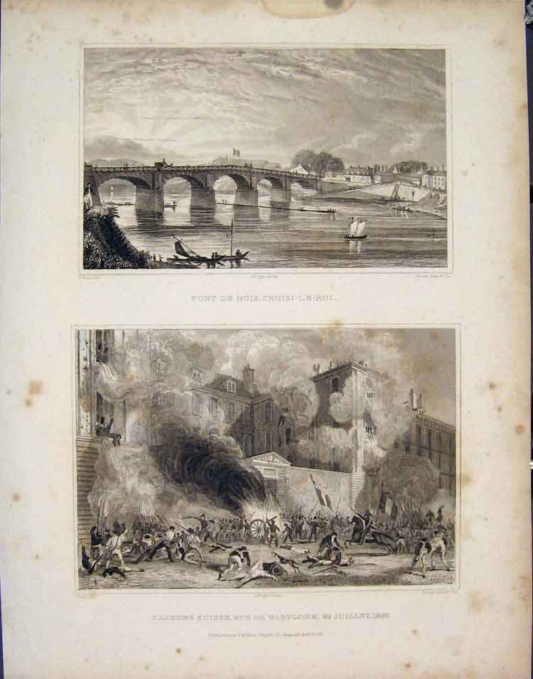 Original Old Antique Print Choisi Le Roi Babylone Suisse Caserne France