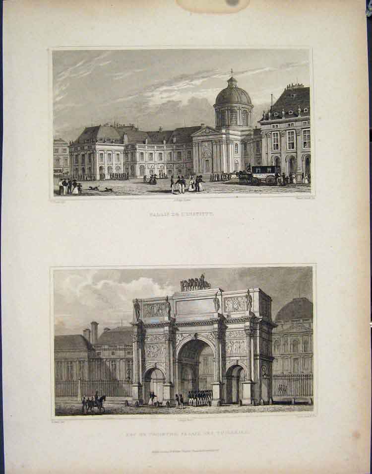 Original Old Antique Print Palais L'Institut Tuileries France