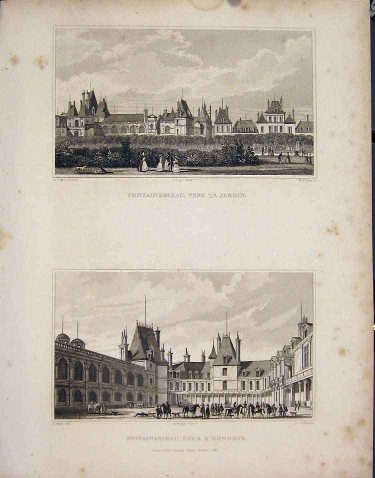 Original Old Antique Print Fontainbleau Jardin D'Honneur France C1852 Victorian