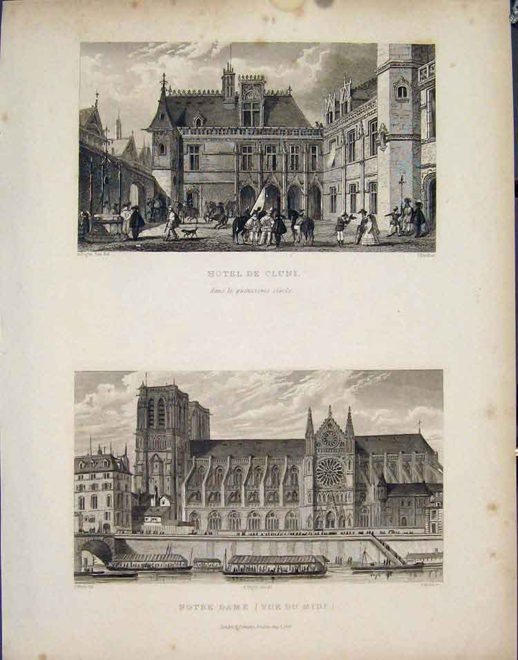 Original Old Antique Print Hotel Cluni Notre Dame Midi France C1852 Victorian