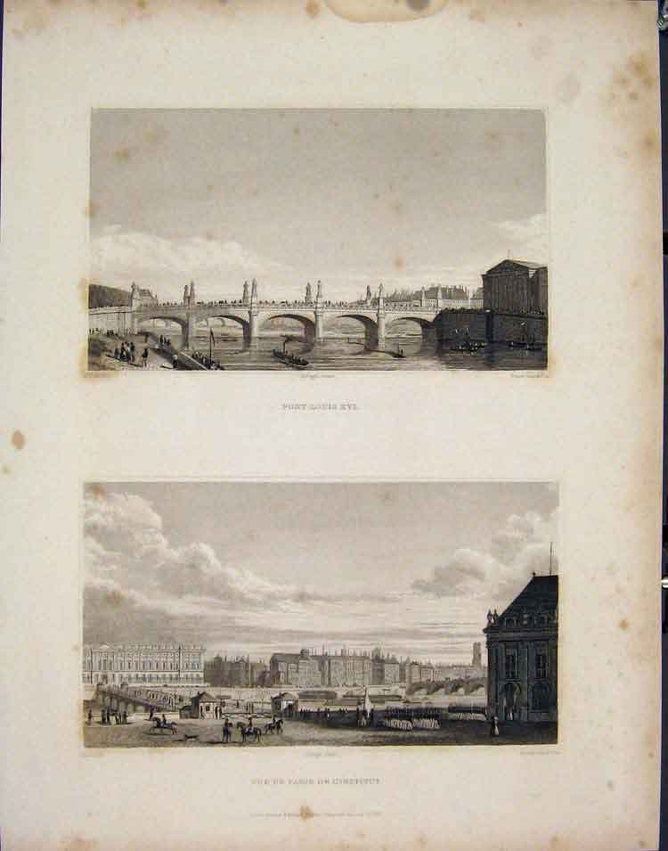 Original Old Antique Print Pont Louis Paris L'Institut France