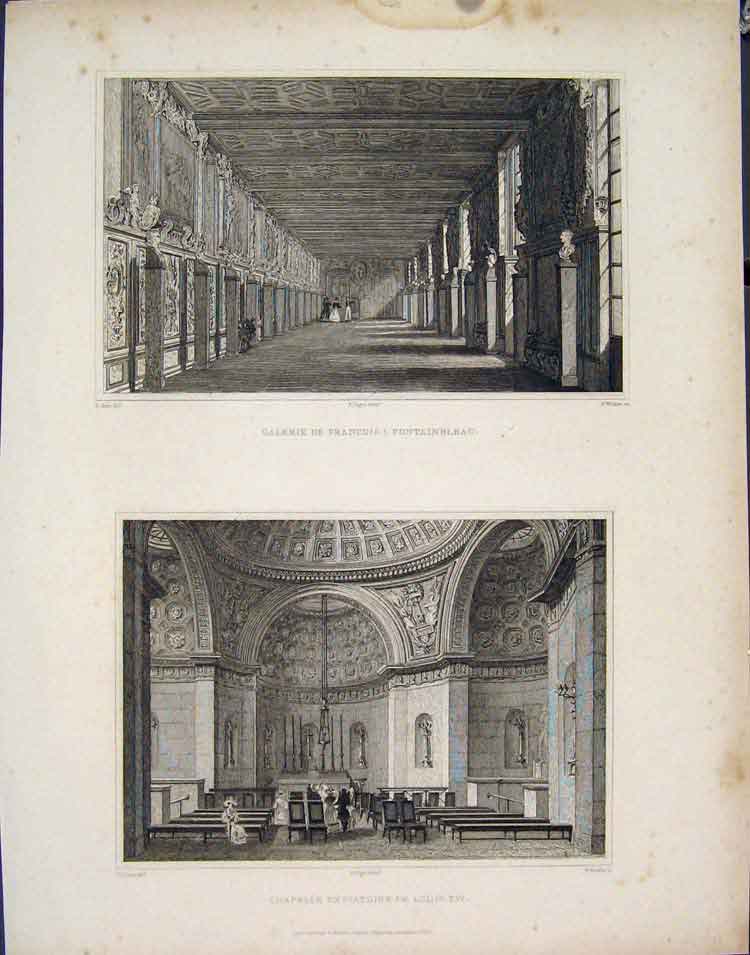 Original Old Antique Print Galerie Francois Fontainbleau Chapelle Louis France