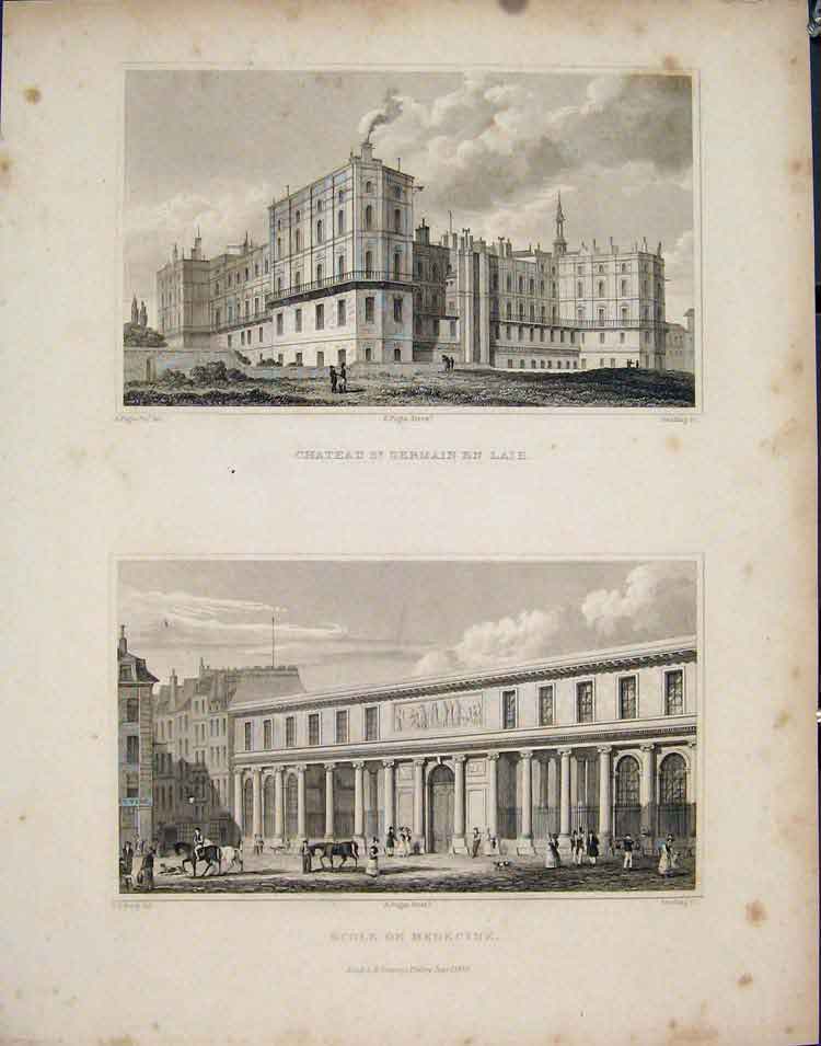 Original Old Antique Print Chateau St Germain Laie Medecine France C1852 19th