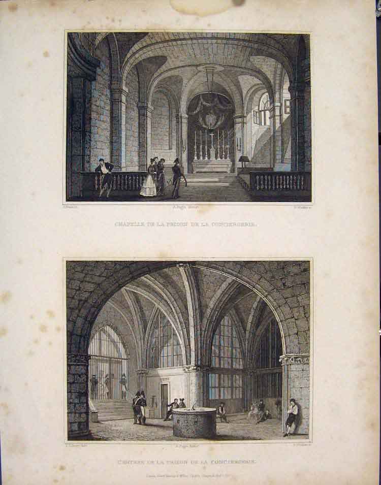 Original Old Antique Print Chappele Prison Conciergerie L'Entr?”e France
