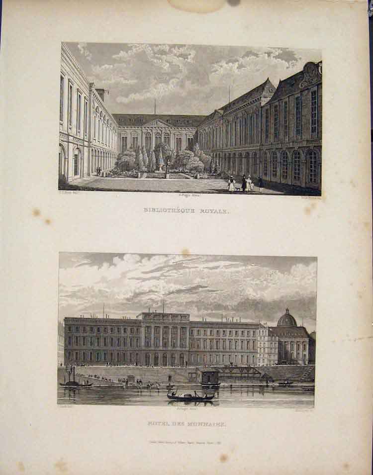 Original Old Antique Print Bibliotheque Royale Hotel Des Monnaies France