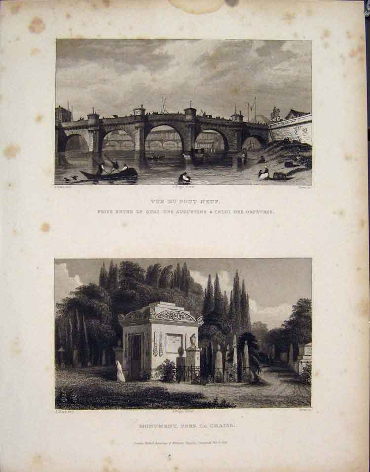 Original Old Antique Print Pont Neuf Pere Chaise France Fine Art