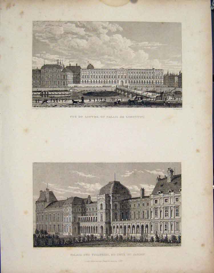 Original Old Antique Print Louvre Palais L'Institut Tuileries Jardin France