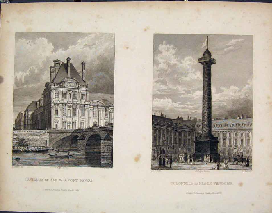 Original Old Antique Print Pavillon Flore Royal Colonne Place Vendome Frace Art