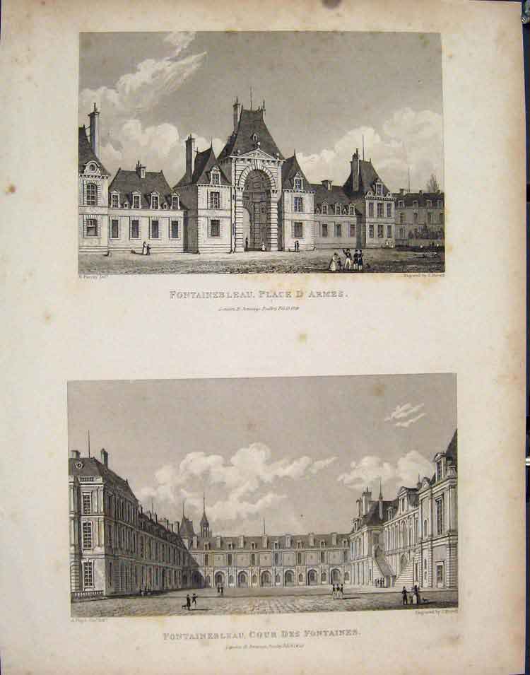 Original Old Antique Print Fontainebleau Place Armes Fontaines France Fine Art