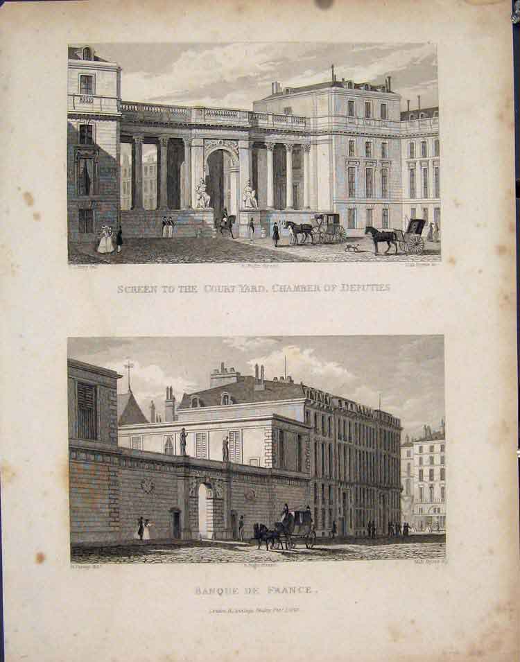 Original Old Antique Print Chamber Deputies Court Yard Banque France