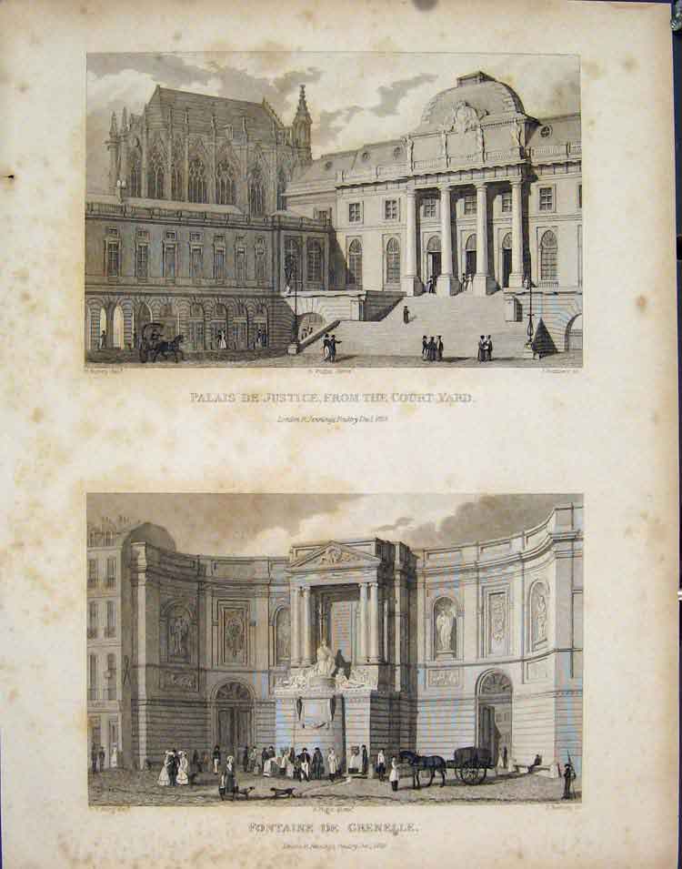Old Antique Print Palais Justice Court Yard Fontaine Grenelle France Art