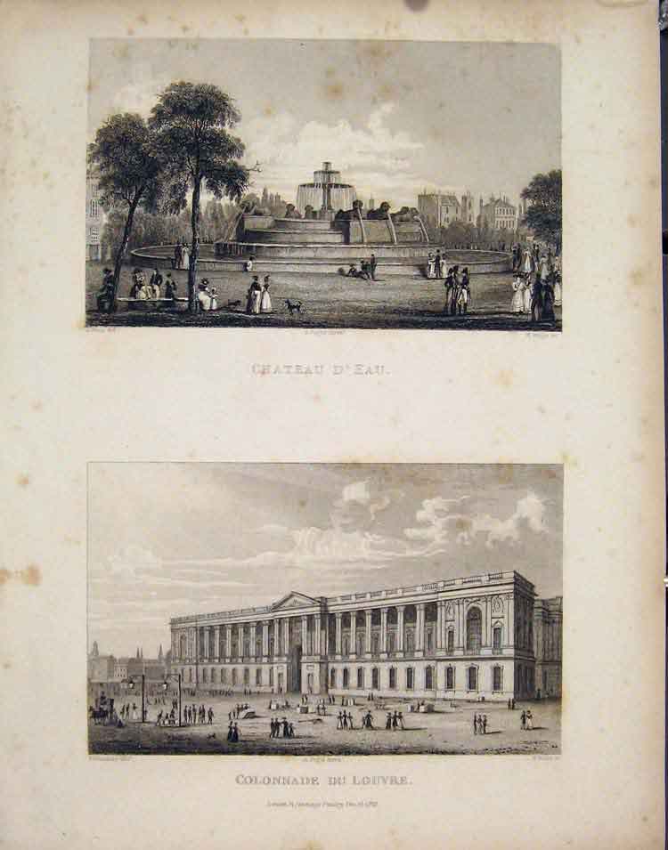 Original Old Antique Print Chateau Eau Colonnade Lourve France Fine Art