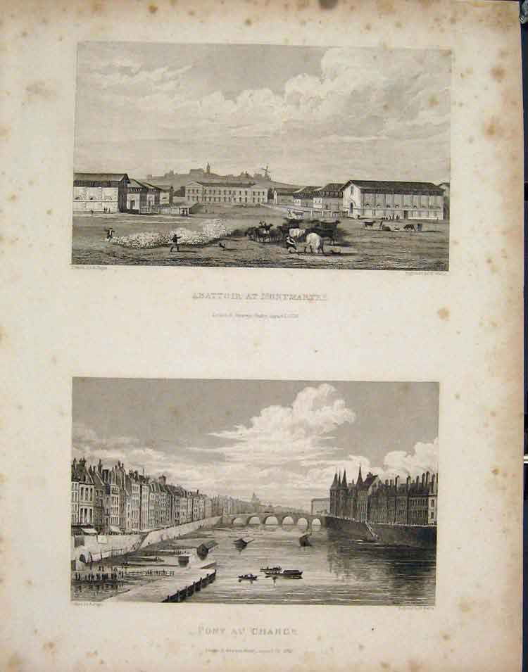Original Old Antique Print Abattoir Montmarte Pont Chance Fance C1852 Victorian