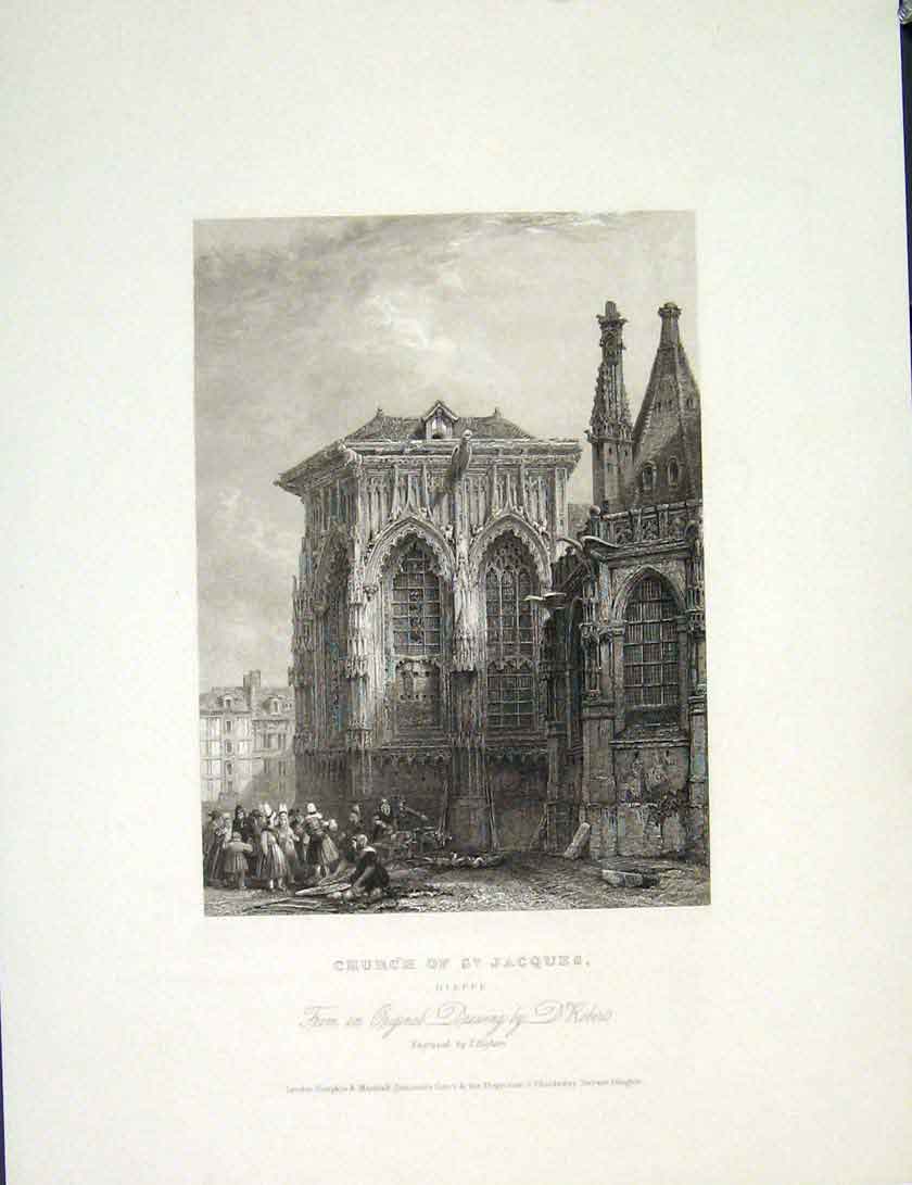 Original Old Antique Print Church St Jacques Dieppe Roberts France