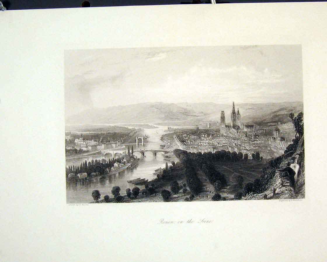 Original Old Antique Print Rouen Leine France Fine Art C1852 19th