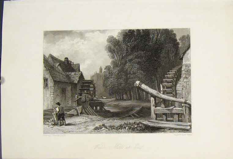 Original Old Antique Print Water Mills Eue Stanfield France Fine Art C1852 19th