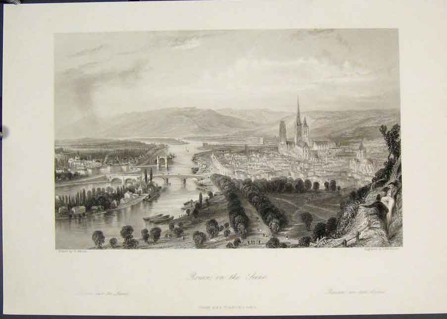 Original Old Antique Print Rouen Seine Allom France Fine Art 19th