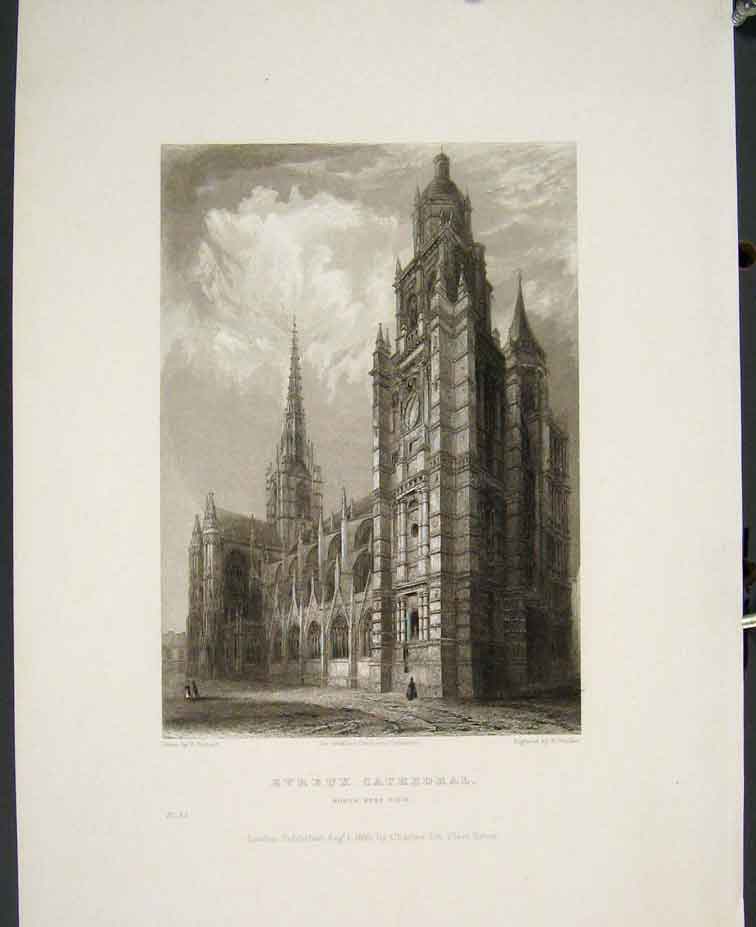 Original Old Antique Print Evreux Cathedral Garland France Fine Art