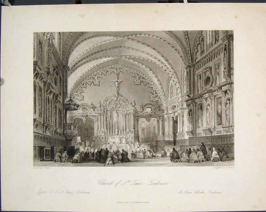 Old Antique Print Church St Taur-Toulouse Touluse Tour France Kirche Art
