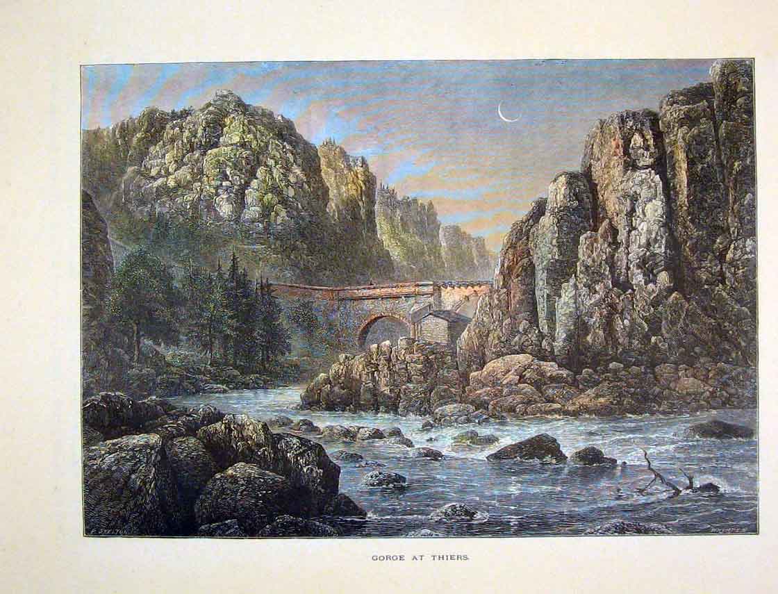 Original Old Antique Print Gorge Thiers France Allom Colour