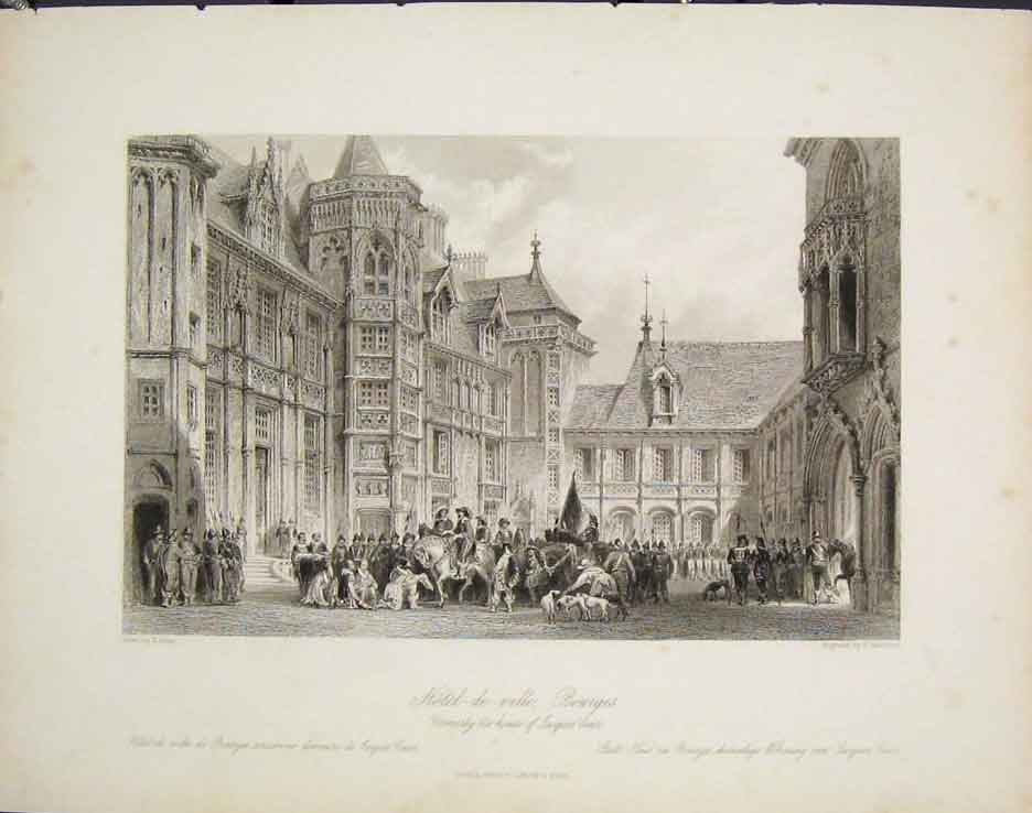 Original Old Antique Print Hotel Ville Bourges Jacques Caeur Allom France