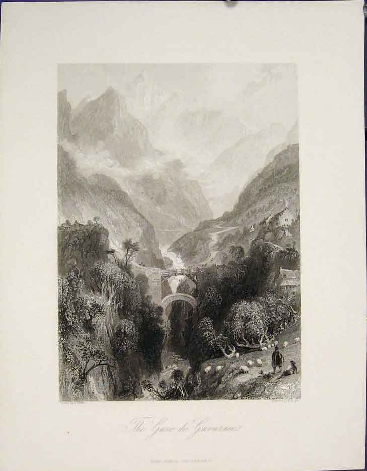 Original Old Antique Print Gave Gavarnie France Allom Fine Art