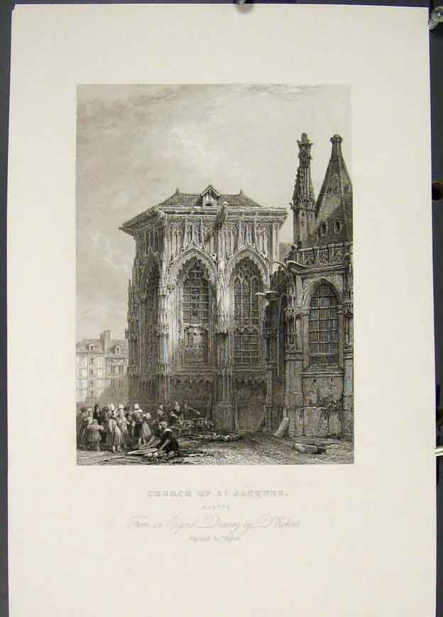 Original Old Antique Print Church Jacques Dieppe France Roberts
