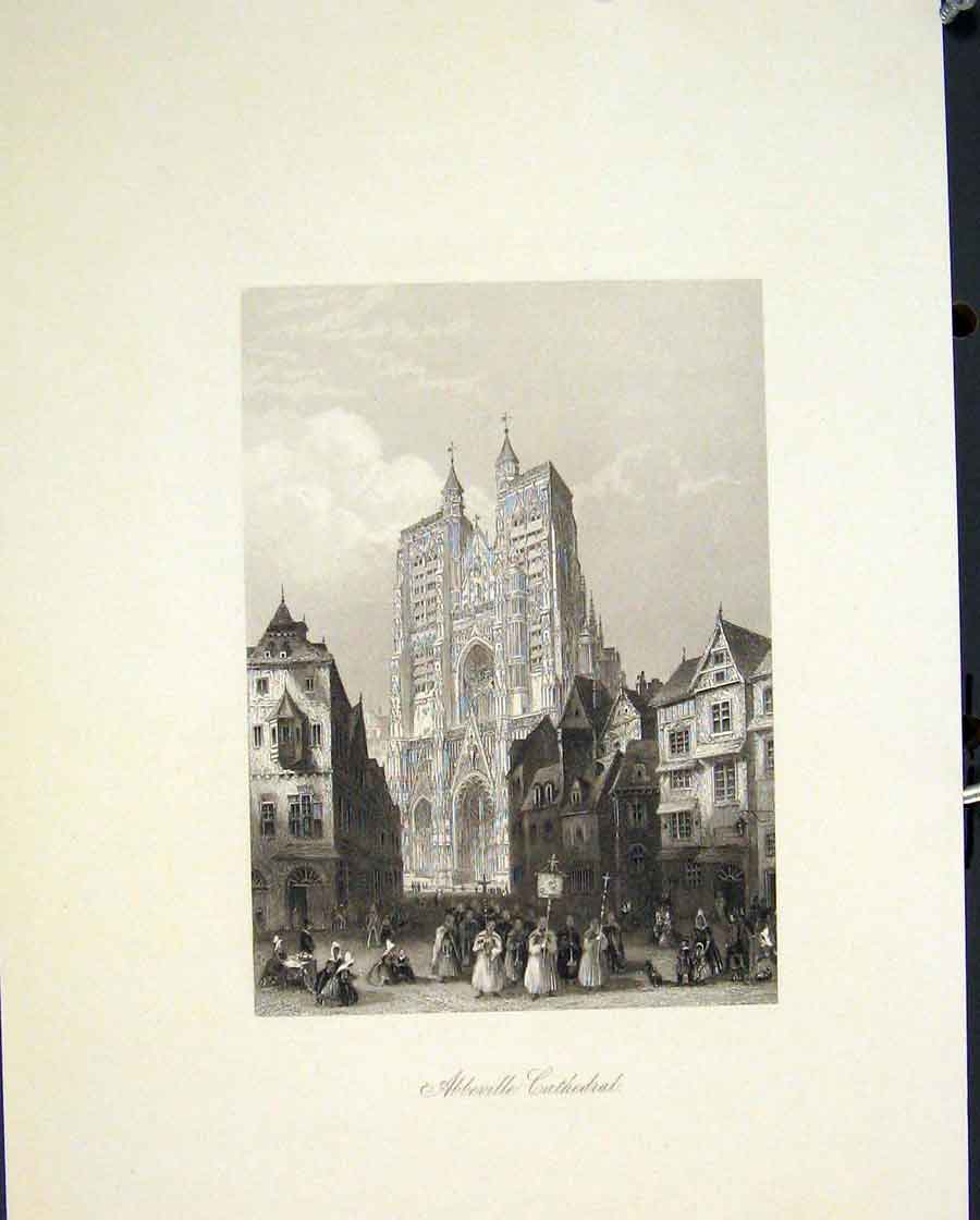 Original Old Antique Print Abbeville Cathedral France Fine Art C1852 Victorian