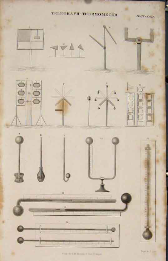 Original Old Antique Print Telegraph Thermometer Mesurement 1837 19th