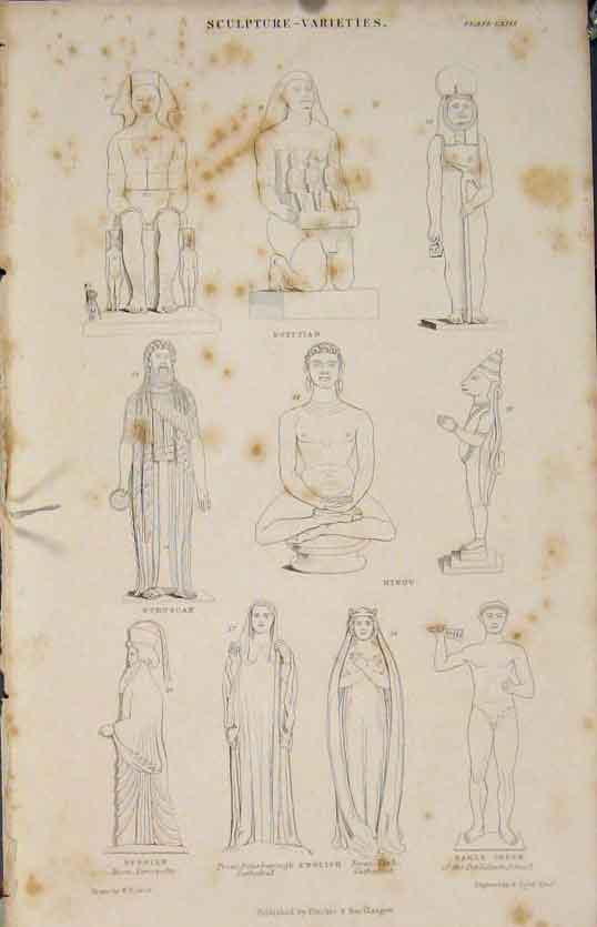 Original Old Antique Print Sculpture Egyptian Hindu Persian Greek Etruscan C1837