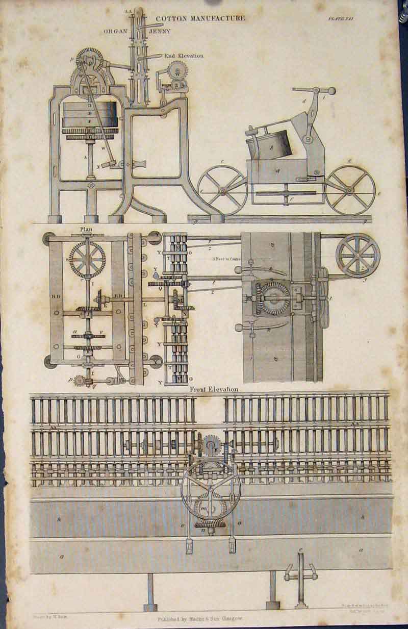 Original Old Antique Print Cotton Machine Machinary Organ Jenny Fine Art C1837