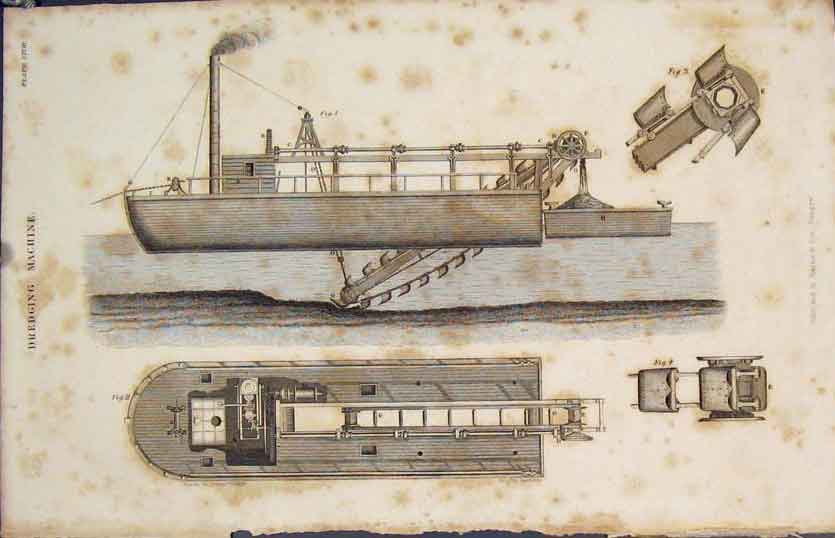 Original Old Antique Print Dredgin Machine Ship Boat Appliances Fine Art 1837