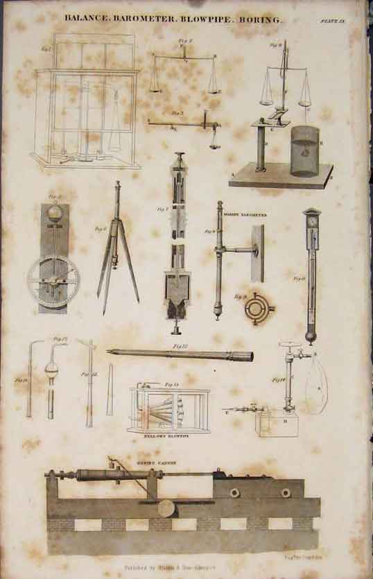 Original Old Antique Print Balance Barometer Blowpipe Boring Mesurement C1837