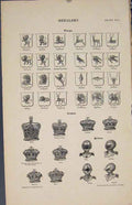 Original Old Antique Print Heraldry Charges Crowns Helmets King Duke Knight