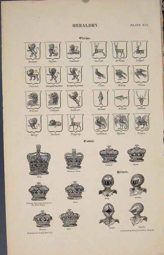 Original Old Antique Print Heraldry Charges Crowns Helmets King Duke Knight
